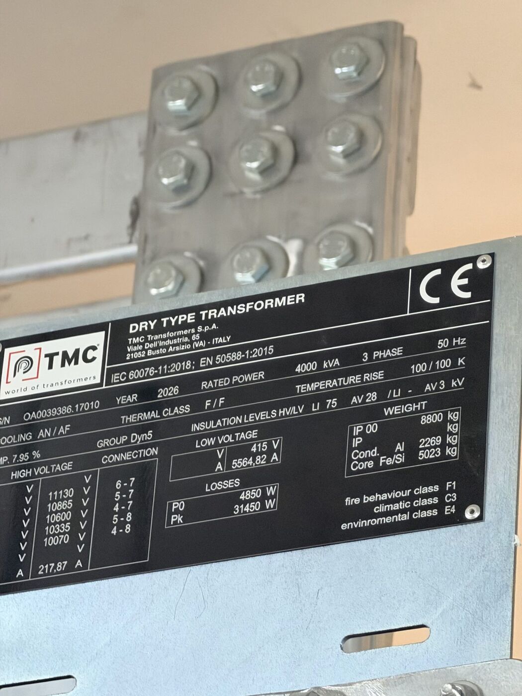 Rating plate of a 4000 kVA dry-type transformer under test